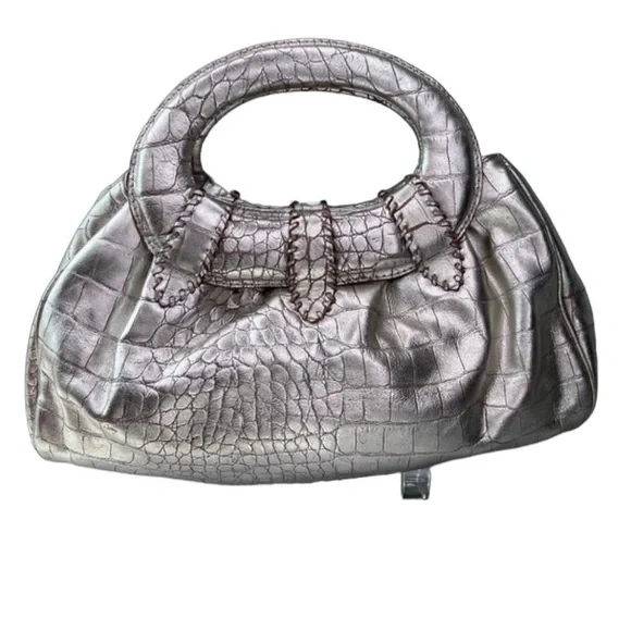 Donald J Pliner Printed Metallic Croco Purse Handbag Clutch Satchel Leather - Picture 9 of 12